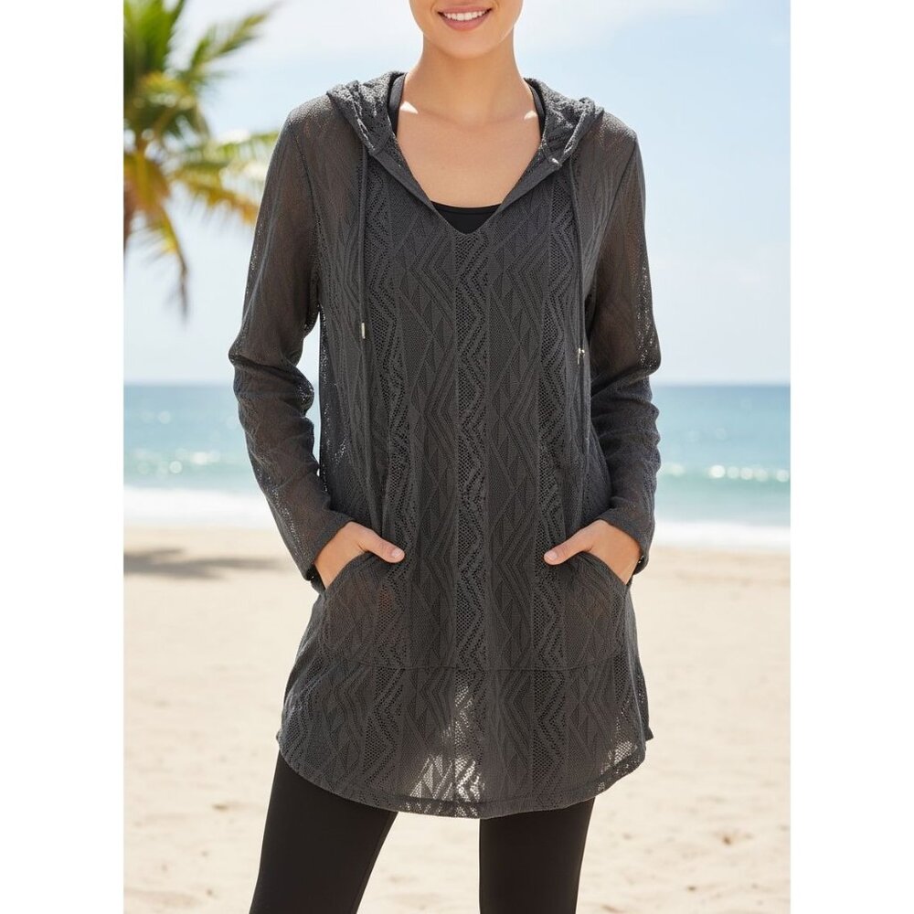 Sheer Hooded Lightweight Knit Tunic Pockets & Geometric Pattern  M Whimsigoth